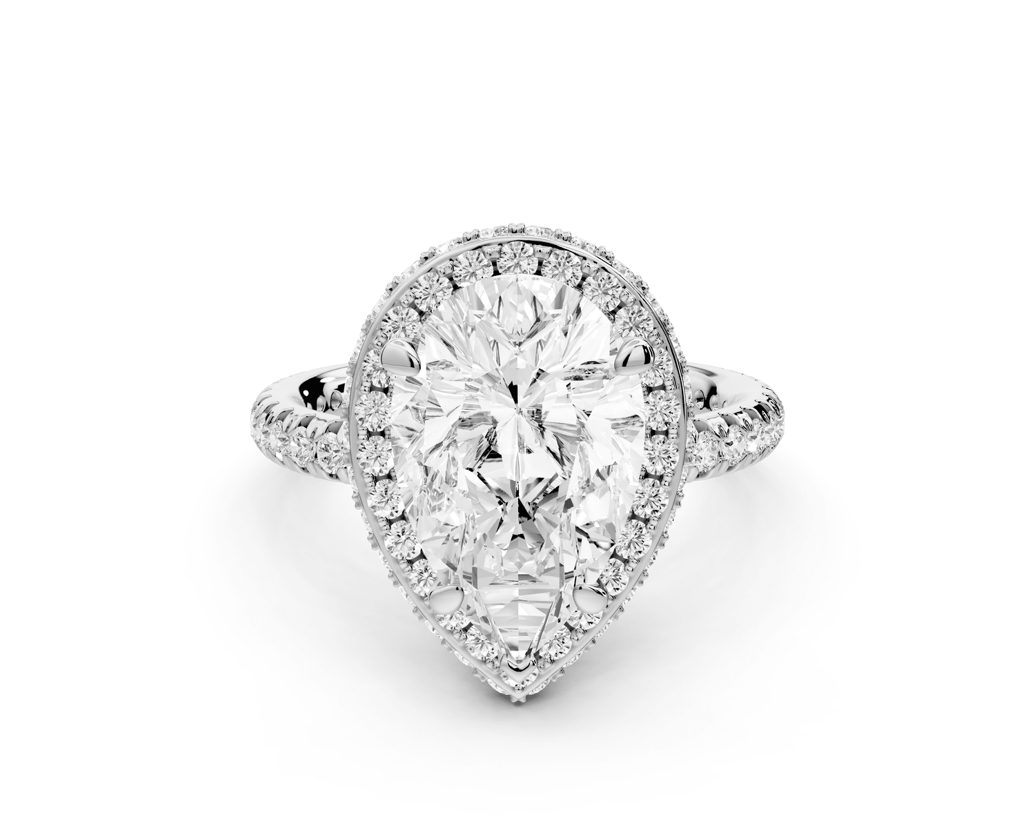 Amelie - 3ct 18k white gold pear Diamond with Rollover Halo and Pavé Engagement Ring - Mr. Alex Jewelry