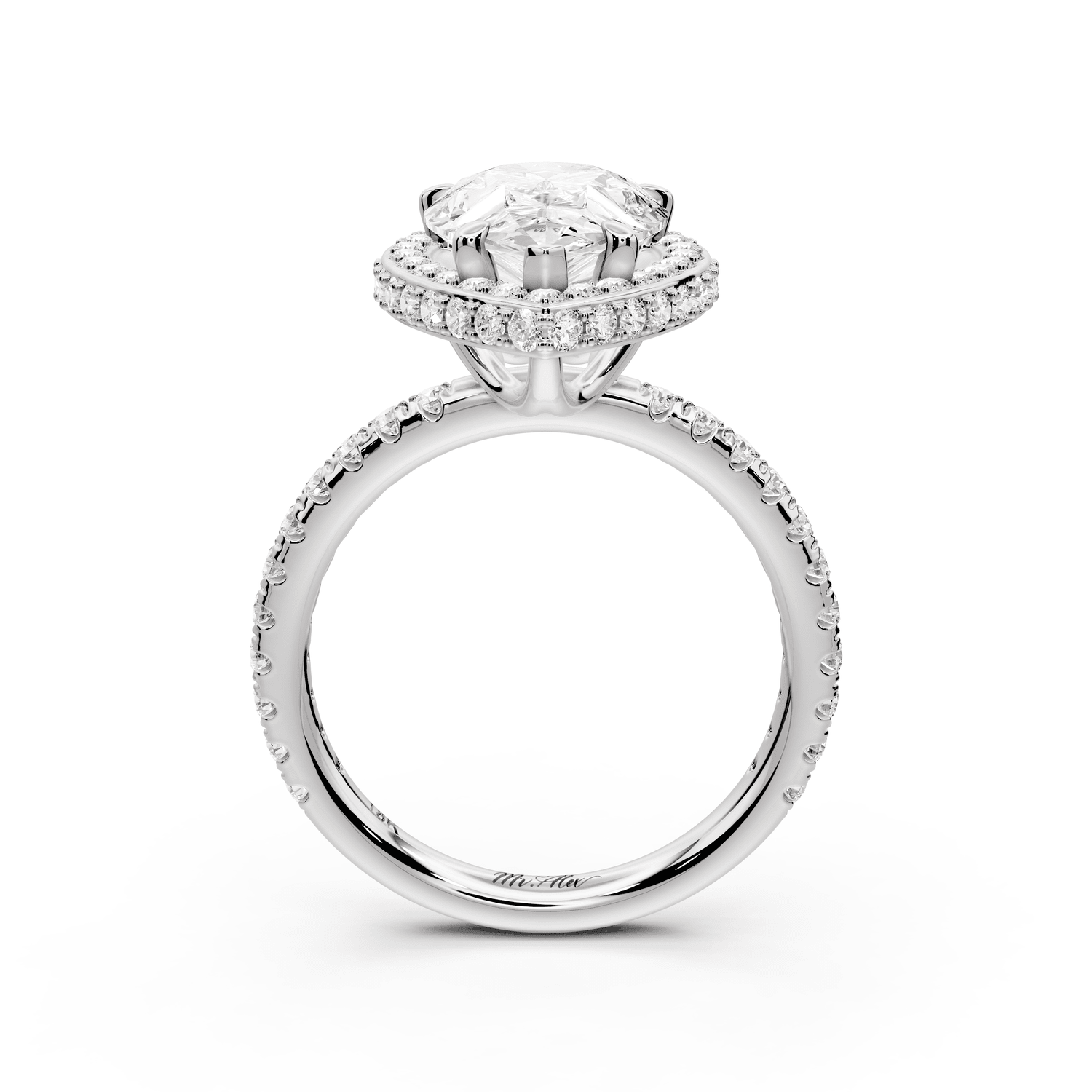 Amelie - 3ct 18k white gold pear Diamond with Rollover Halo and Pavé Engagement Ring - Mr. Alex Jewelry