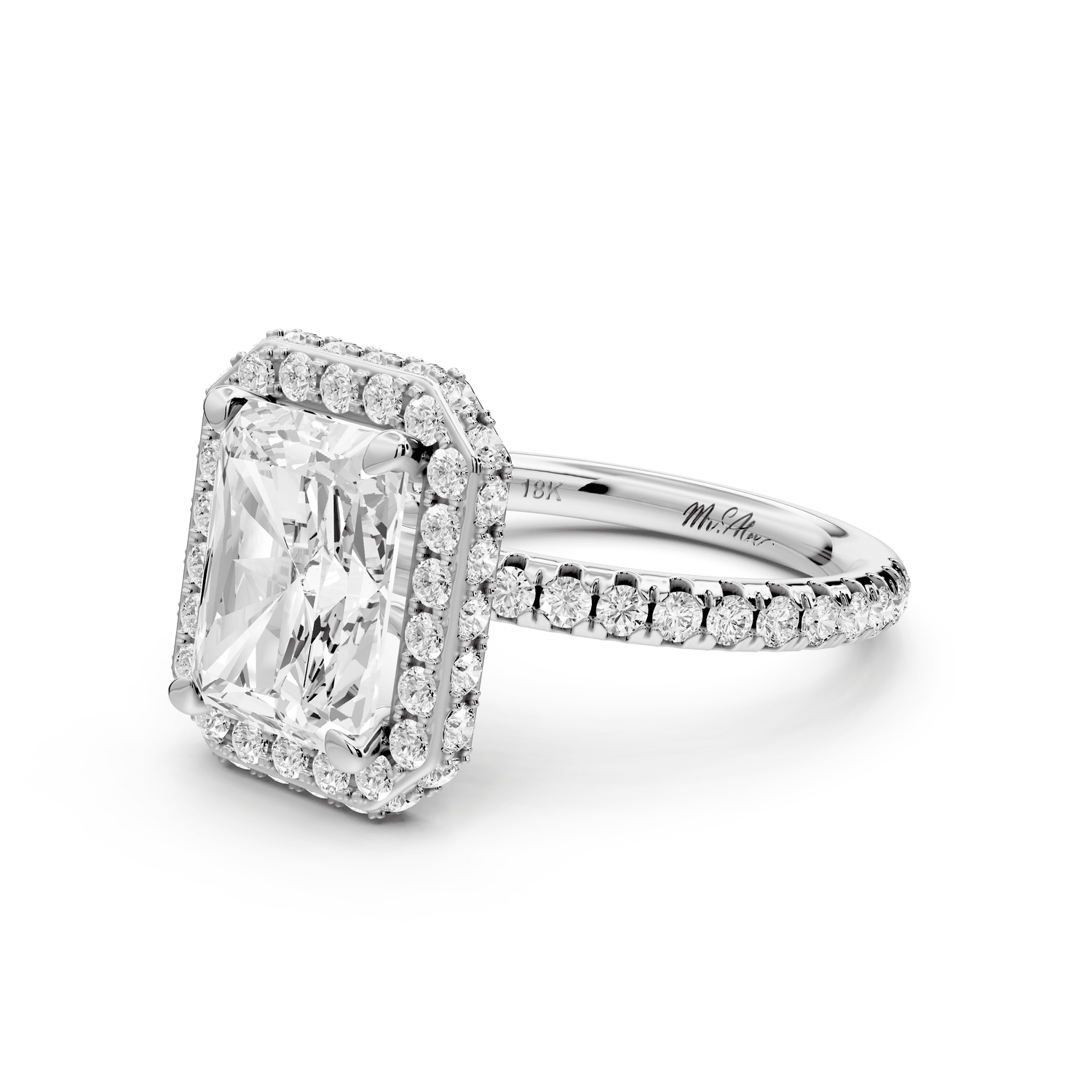 Amelie - 3ct 18k white gold radiant Diamond with Rollover Halo and Pavé engagement Ring - Mr. Alex Jewelry