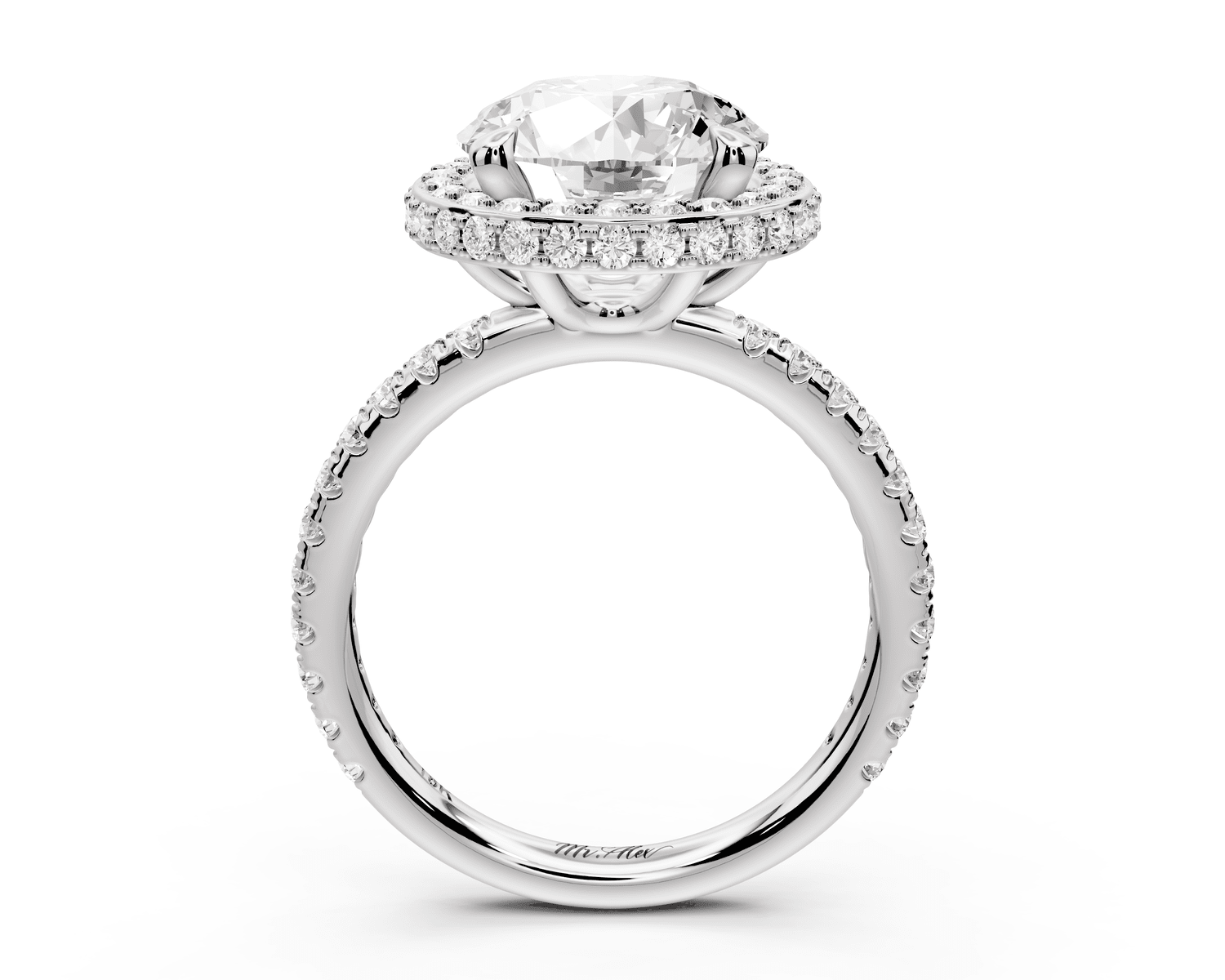 Amelie - 3ct 18k white gold round Diamond with Rollover Halo and Pavé Engagment Ring - Mr. Alex Jewelry