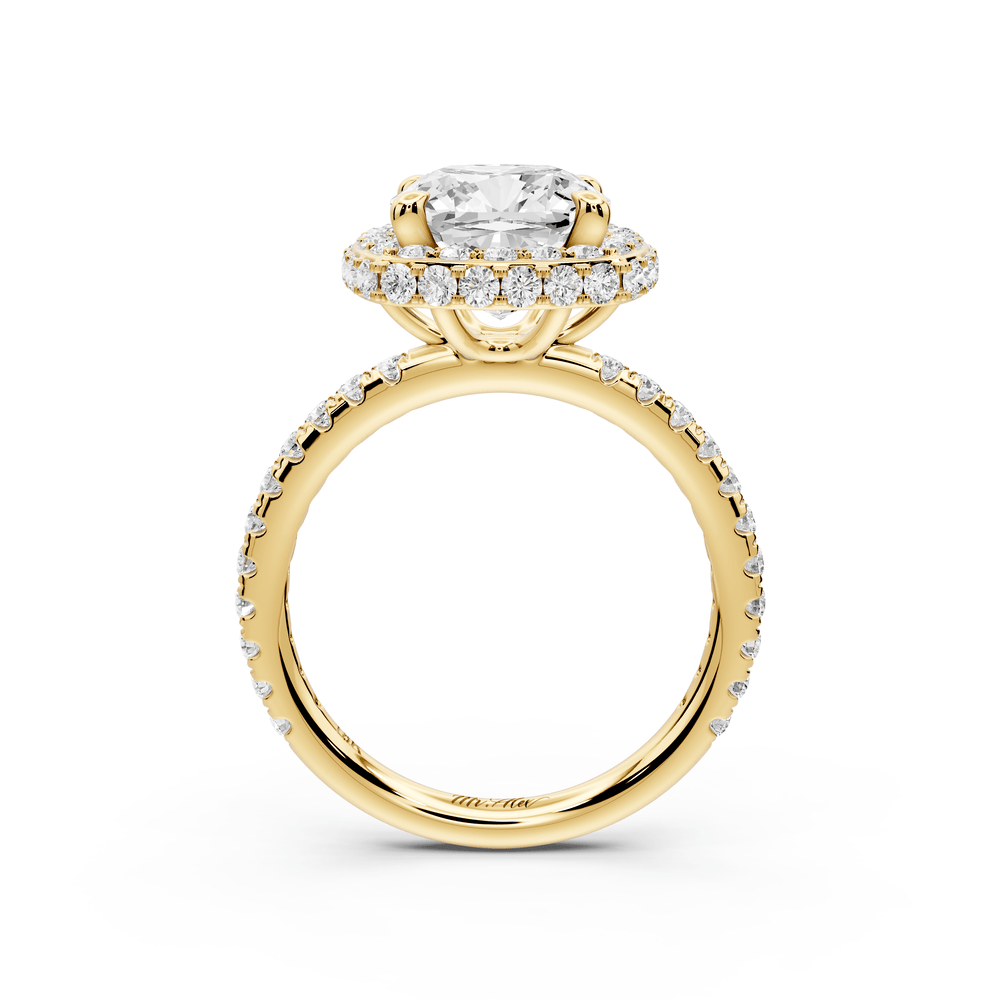 Amelie - 3ct 18k yellow gold cushion Diamond with Rollover Halo and Pavé engagement Ring - Mr. Alex Jewelry