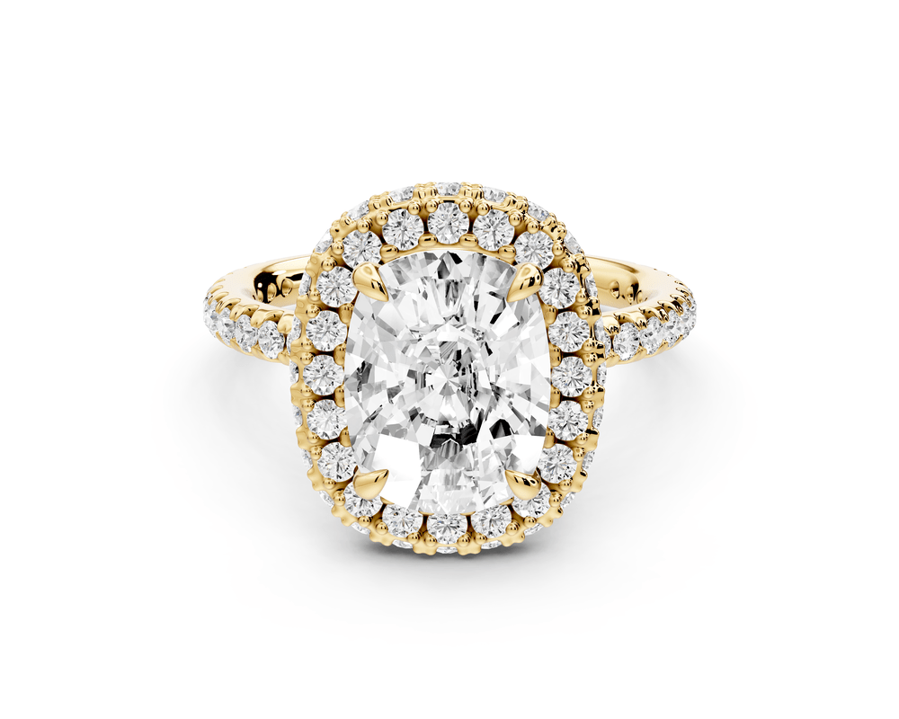 Amelie - 3ct 18k yellow gold ecushion Diamond with Rollover Halo and Pavé engagement Ring - Mr. Alex Jewelry