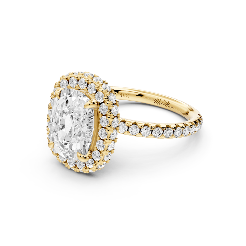 Amelie - 3ct 18k yellow gold ecushion Diamond with Rollover Halo and Pavé engagement Ring - Mr. Alex Jewelry