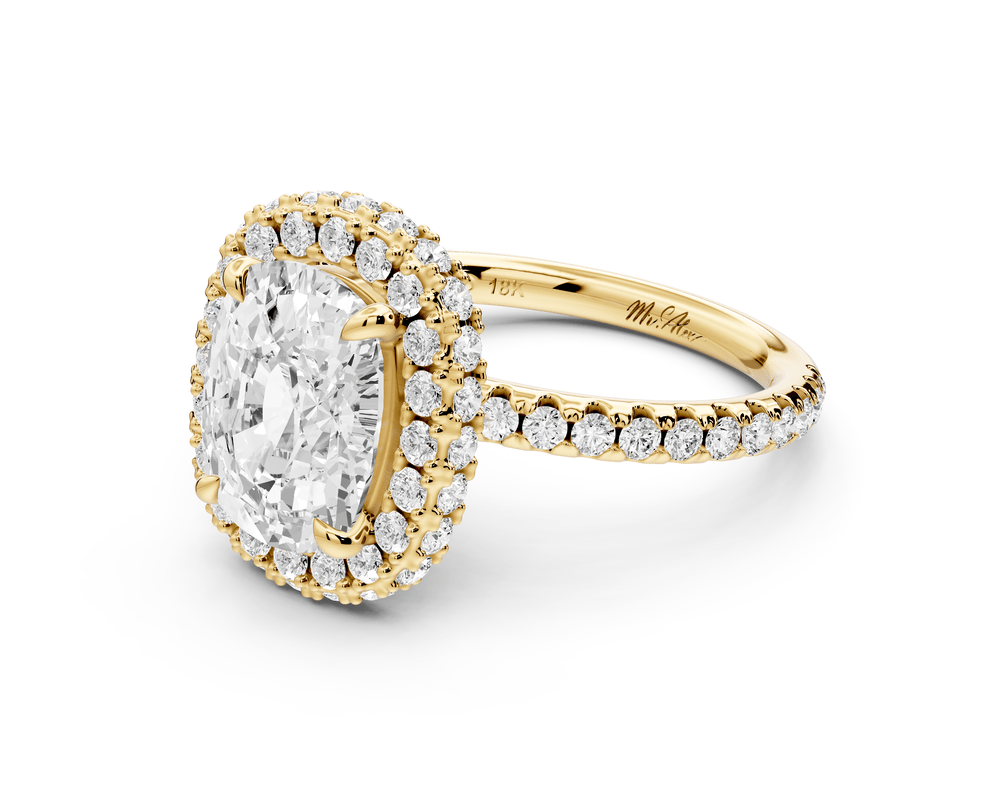 Amelie - 3ct 18k yellow gold ecushion Diamond with Rollover Halo and Pavé engagement Ring - Mr. Alex Jewelry