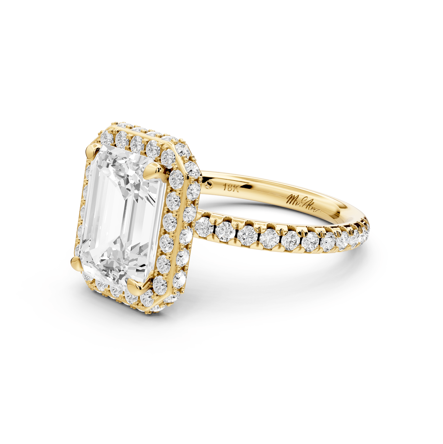 Amelie - 3ct 18k yellow gold emerald Diamond with Rollover Halo and Pavé Engagement Ring - Mr. Alex Jewelry
