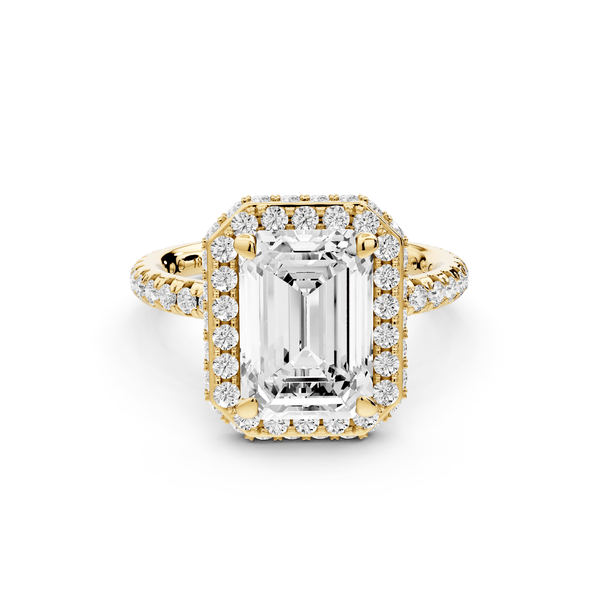Amelie - 3ct 18k yellow gold emerald Diamond with Rollover Halo and Pavé Engagement Ring - Mr. Alex Jewelry