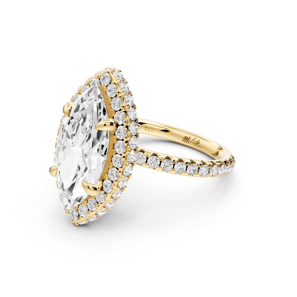 Amelie - 3ct 18k yellow gold marquise Diamond with Rollover Halo and Pavé engagement Ring - Mr. Alex Jewelry