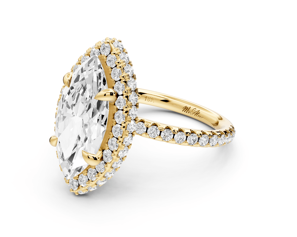 Amelie - 3ct 18k yellow gold marquise Diamond with Rollover Halo and Pavé engagement Ring - Mr. Alex Jewelry