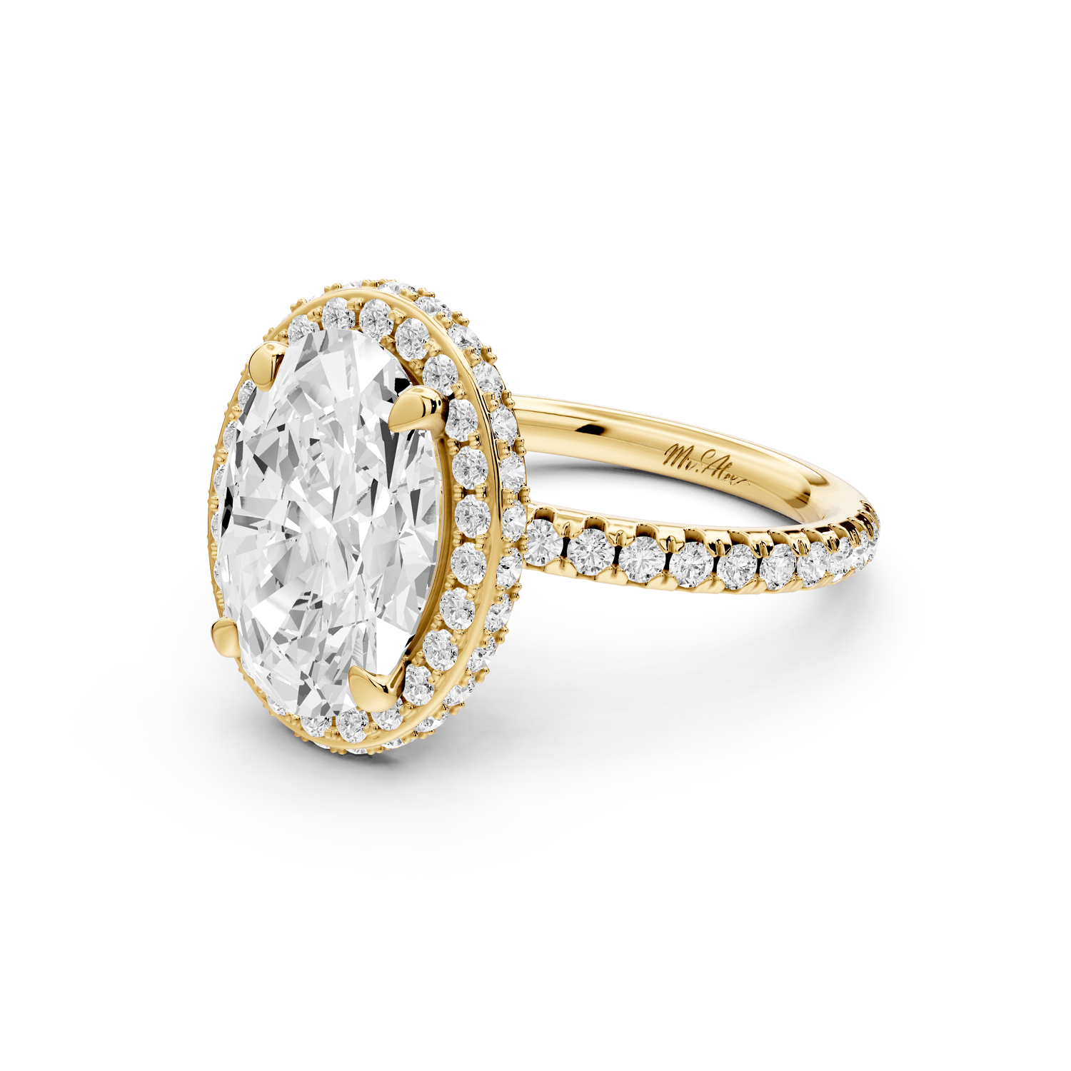 Amelie - 3ct 18k yellow gold oval Diamond with Rollover Halo and Pavé Engagement Ring - Mr. Alex Jewelry