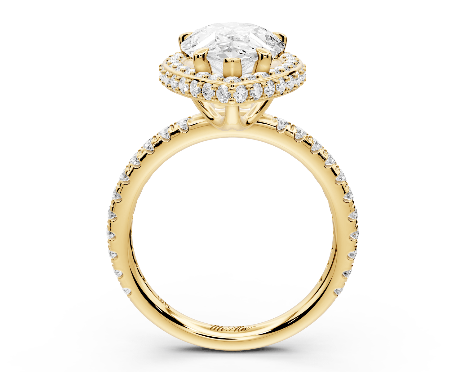 Amelie - 3ct 18k yellow gold pear Diamond with Rollover Halo and Pavé Engagement Ring - Mr. Alex Jewelry