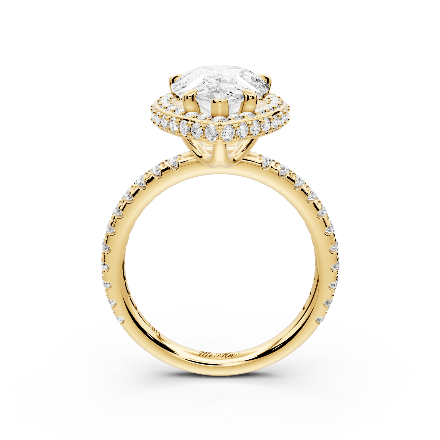 Amelie - 3ct 18k yellow gold pear Diamond with Rollover Halo and Pavé Engagement Ring - Mr. Alex Jewelry
