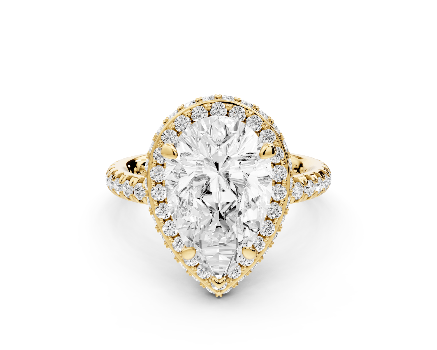Amelie - 3ct 18k yellow gold pear Diamond with Rollover Halo and Pavé Engagement Ring - Mr. Alex Jewelry