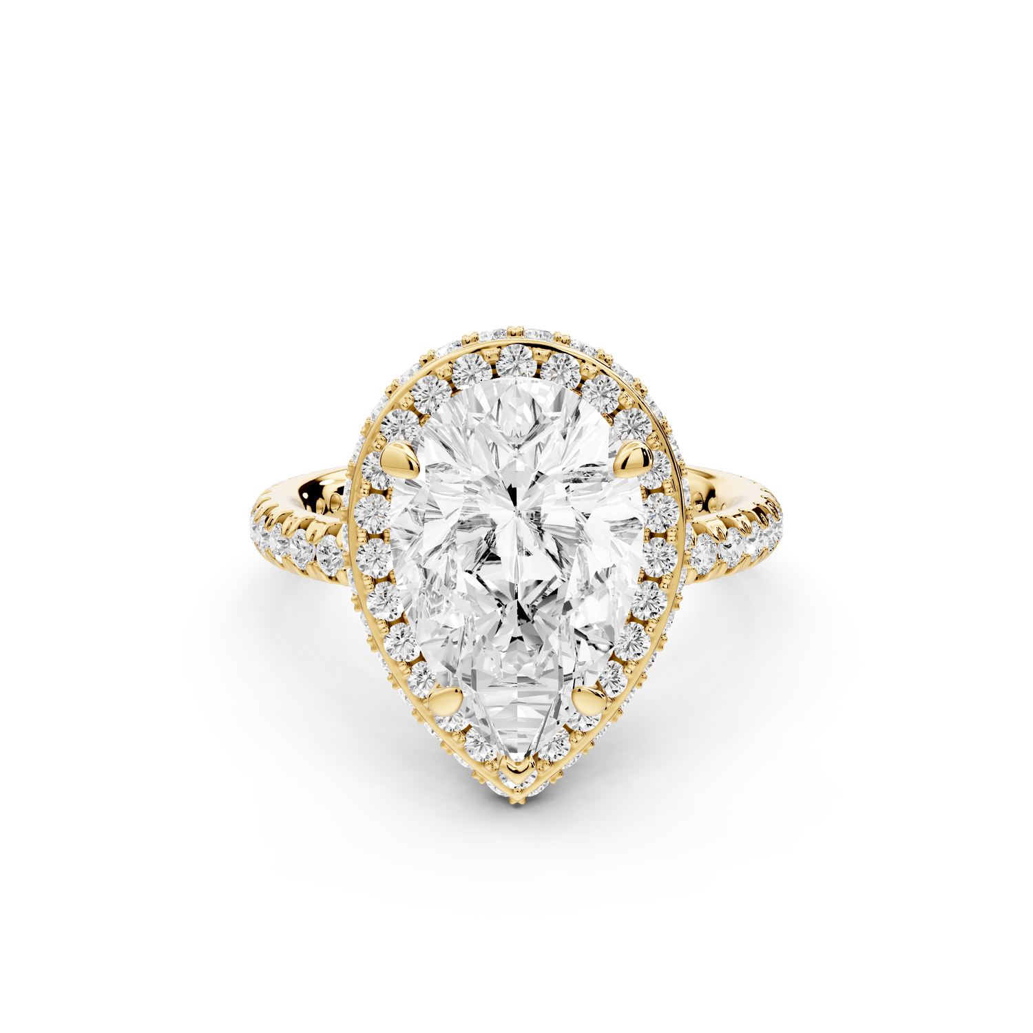 Amelie - 3ct 18k yellow gold pear Diamond with Rollover Halo and Pavé Engagement Ring - Mr. Alex Jewelry