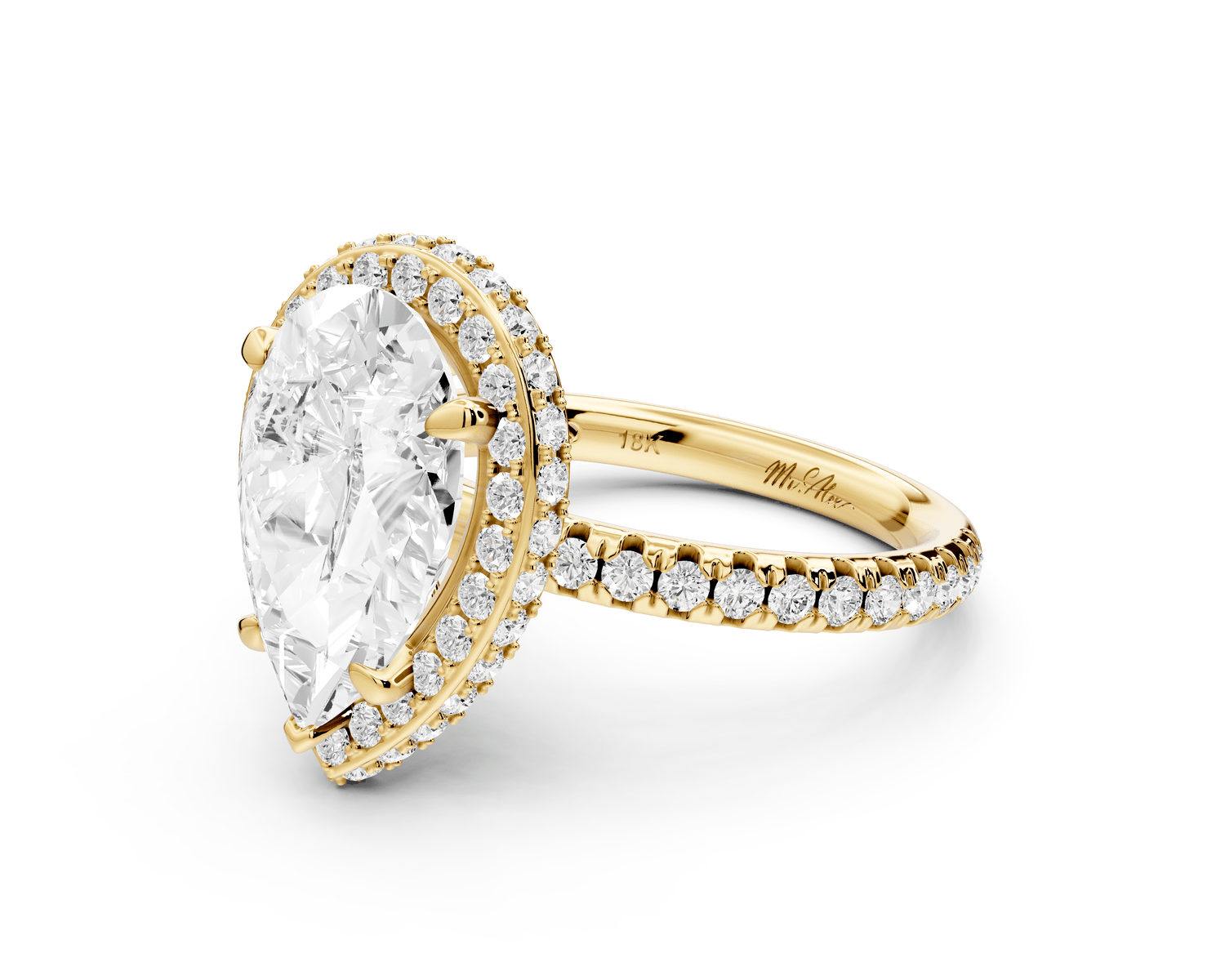 Amelie - 3ct 18k yellow gold pear Diamond with Rollover Halo and Pavé Engagement Ring - Mr. Alex Jewelry