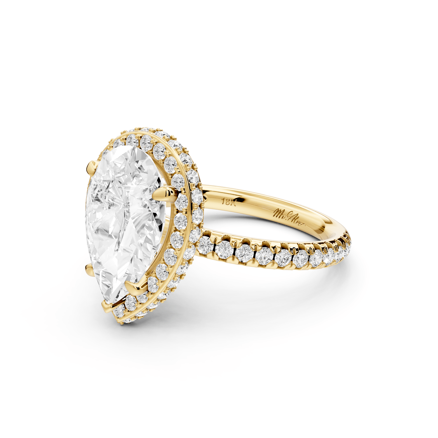 Amelie - 3ct 18k yellow gold pear Diamond with Rollover Halo and Pavé Engagement Ring - Mr. Alex Jewelry