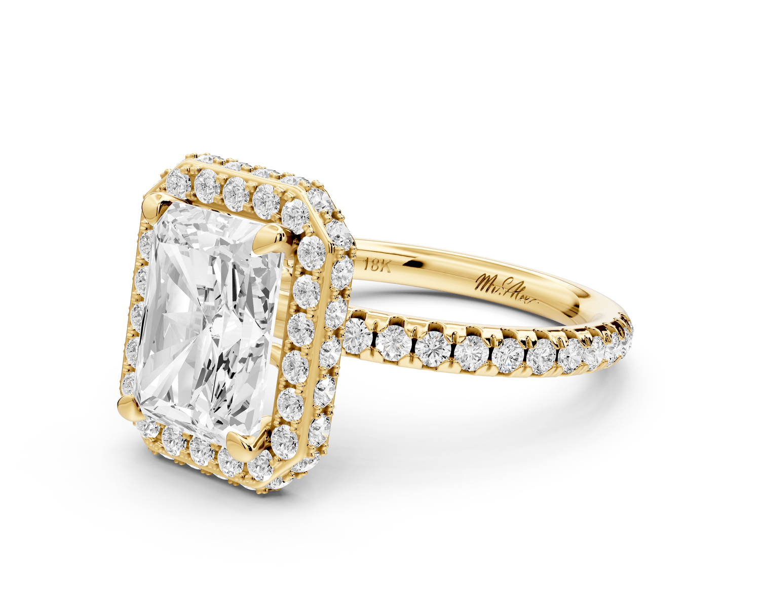 Amelie - 3ct 18k yellow gold radiant Diamond with Rollover Halo and Pavé engagement Ring - Mr. Alex Jewelry