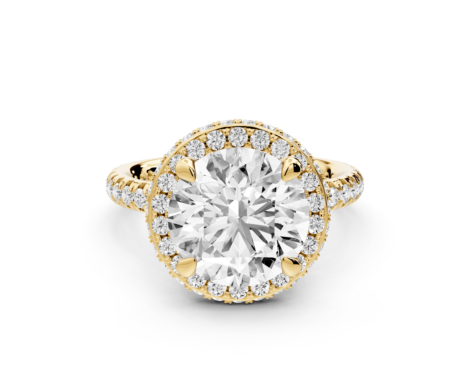 Amelie - 3ct 18k yellow gold round Diamond with Rollover Halo and Pavé Engagment Ring - Mr. Alex Jewelry