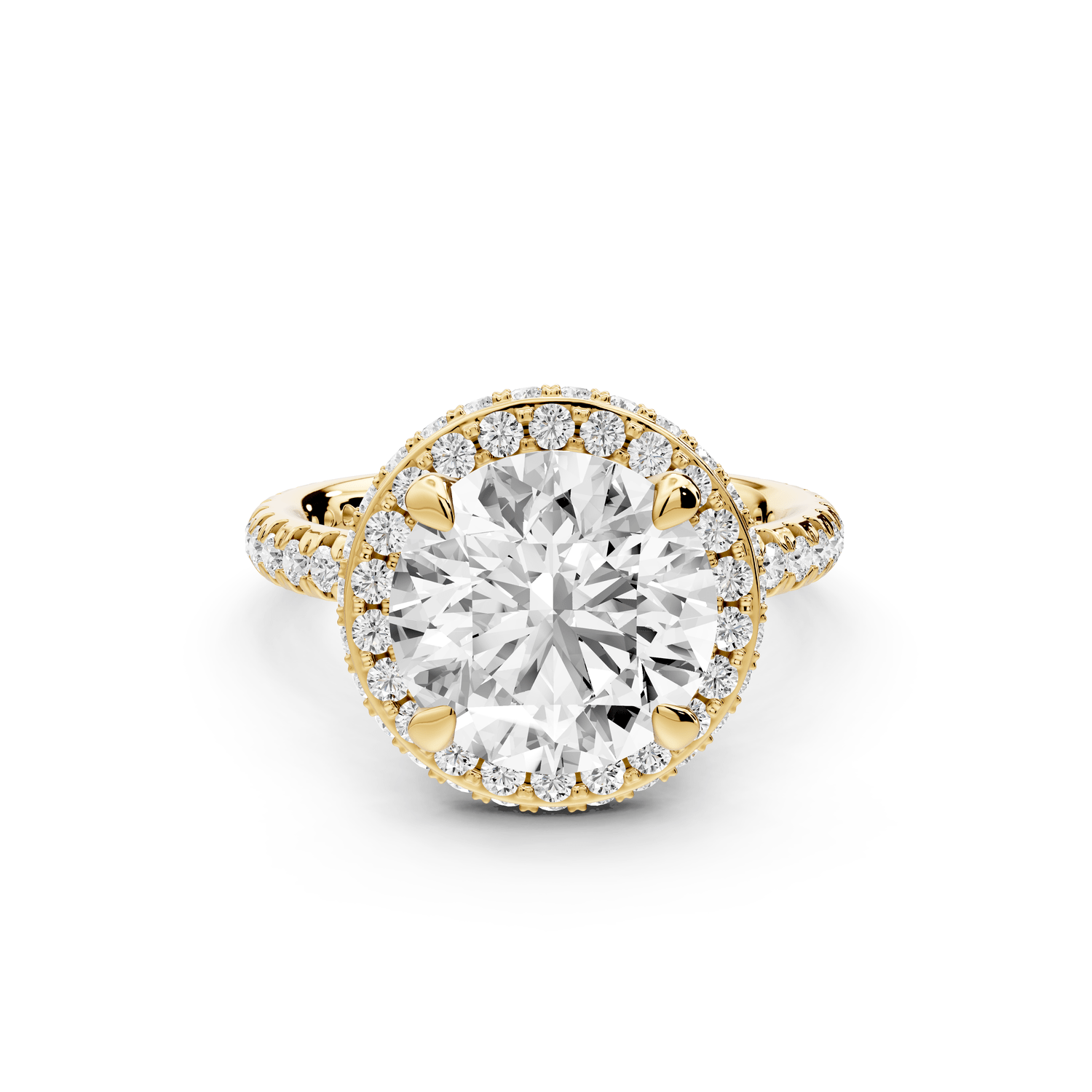 Amelie - 3ct 18k yellow gold round Diamond with Rollover Halo and Pavé Engagment Ring - Mr. Alex Jewelry