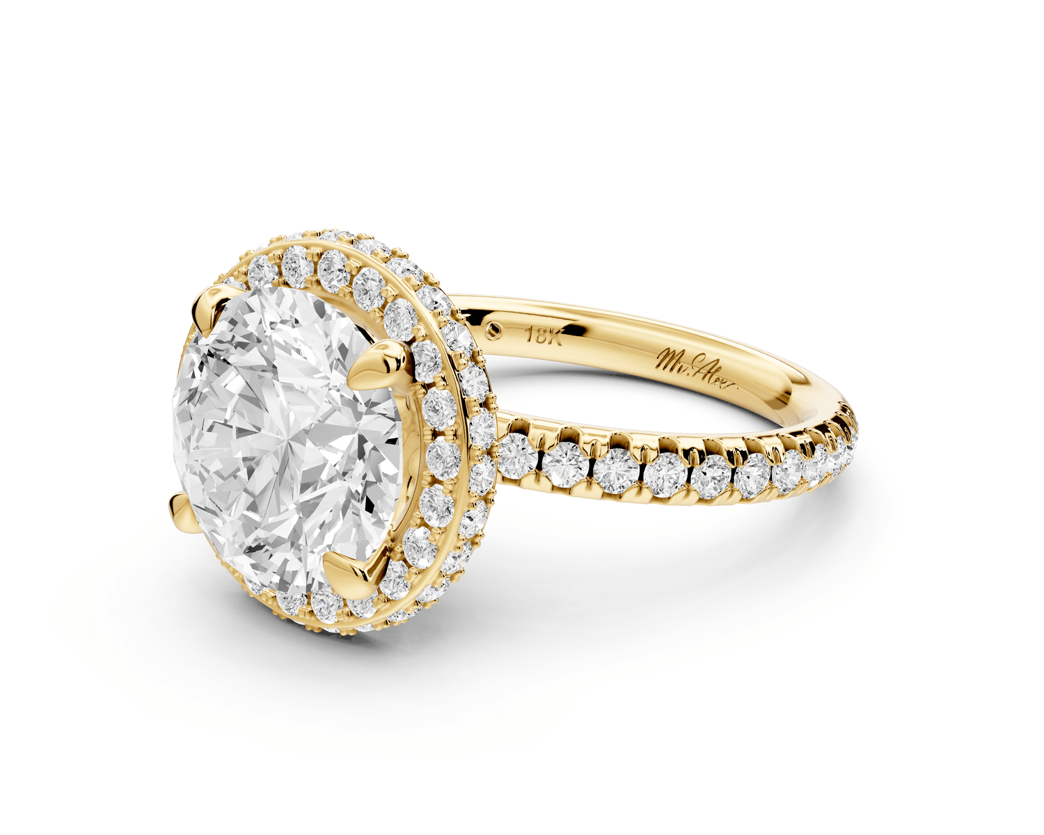 Amelie - 3ct 18k yellow gold round Diamond with Rollover Halo and Pavé Engagment Ring - Mr. Alex Jewelry