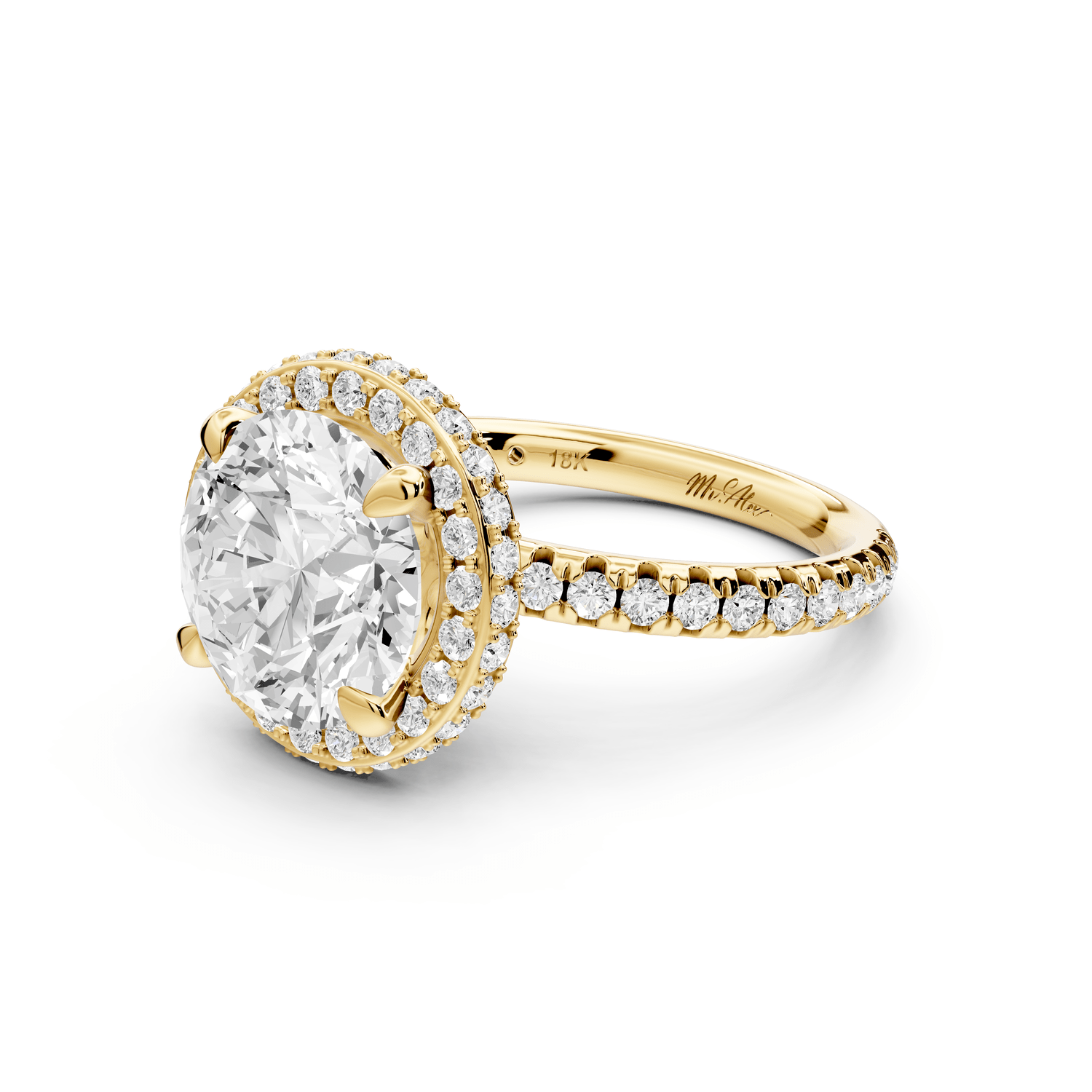 Amelie - 3ct 18k yellow gold round Diamond with Rollover Halo and Pavé Engagment Ring - Mr. Alex Jewelry