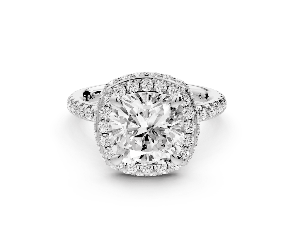 Amelie - 3ct platinum cushion Diamond with Rollover Halo and Pavé engagement Ring - Mr. Alex Jewelry