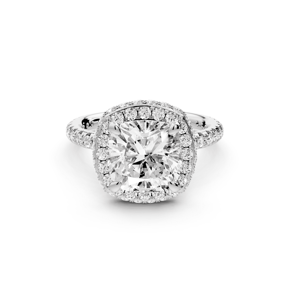 Amelie - 3ct platinum cushion Diamond with Rollover Halo and Pavé engagement Ring - Mr. Alex Jewelry
