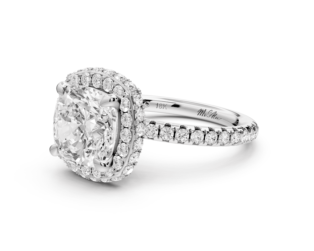 Amelie - 3ct platinum cushion Diamond with Rollover Halo and Pavé engagement Ring - Mr. Alex Jewelry