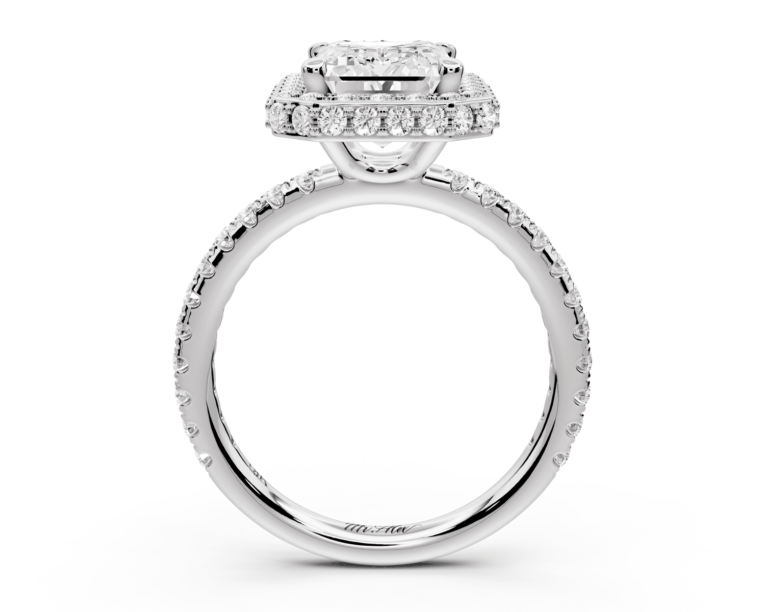 Amelie - 3ct platinum emerald Diamond with Rollover Halo and Pavé Engagement Ring - Mr. Alex Jewelry