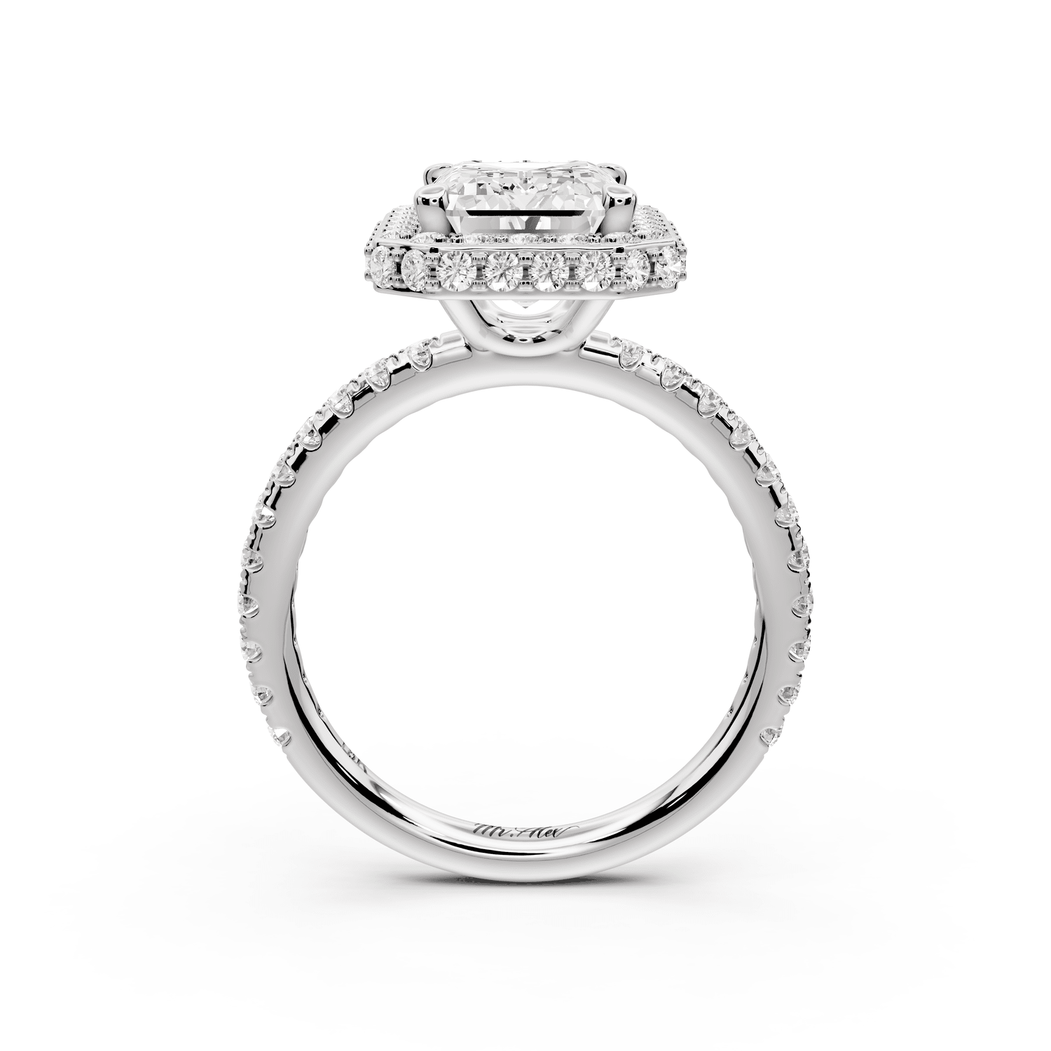 Amelie - 3ct platinum emerald Diamond with Rollover Halo and Pavé Engagement Ring - Mr. Alex Jewelry