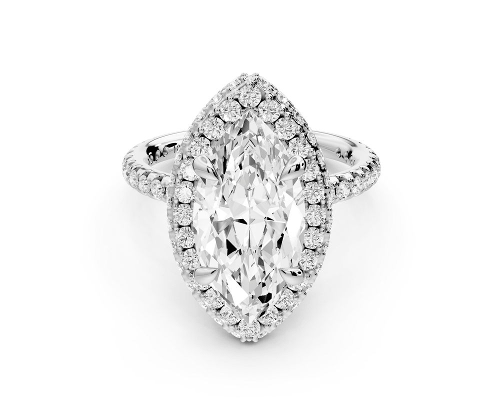Amelie - 3ct platinum marquise Diamond with Rollover Halo and Pavé engagement Ring - Mr. Alex Jewelry