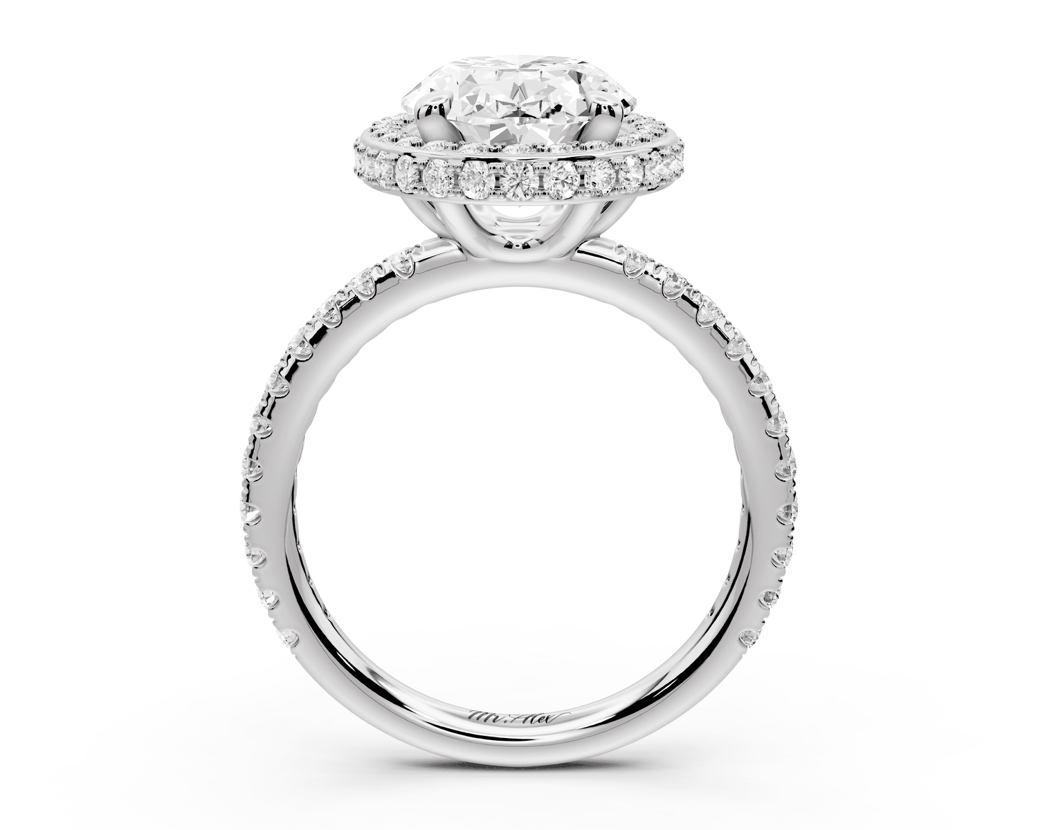 Amelie - 3ct platinum oval Diamond with Rollover Halo and Pavé Engagement Ring - Mr. Alex Jewelry