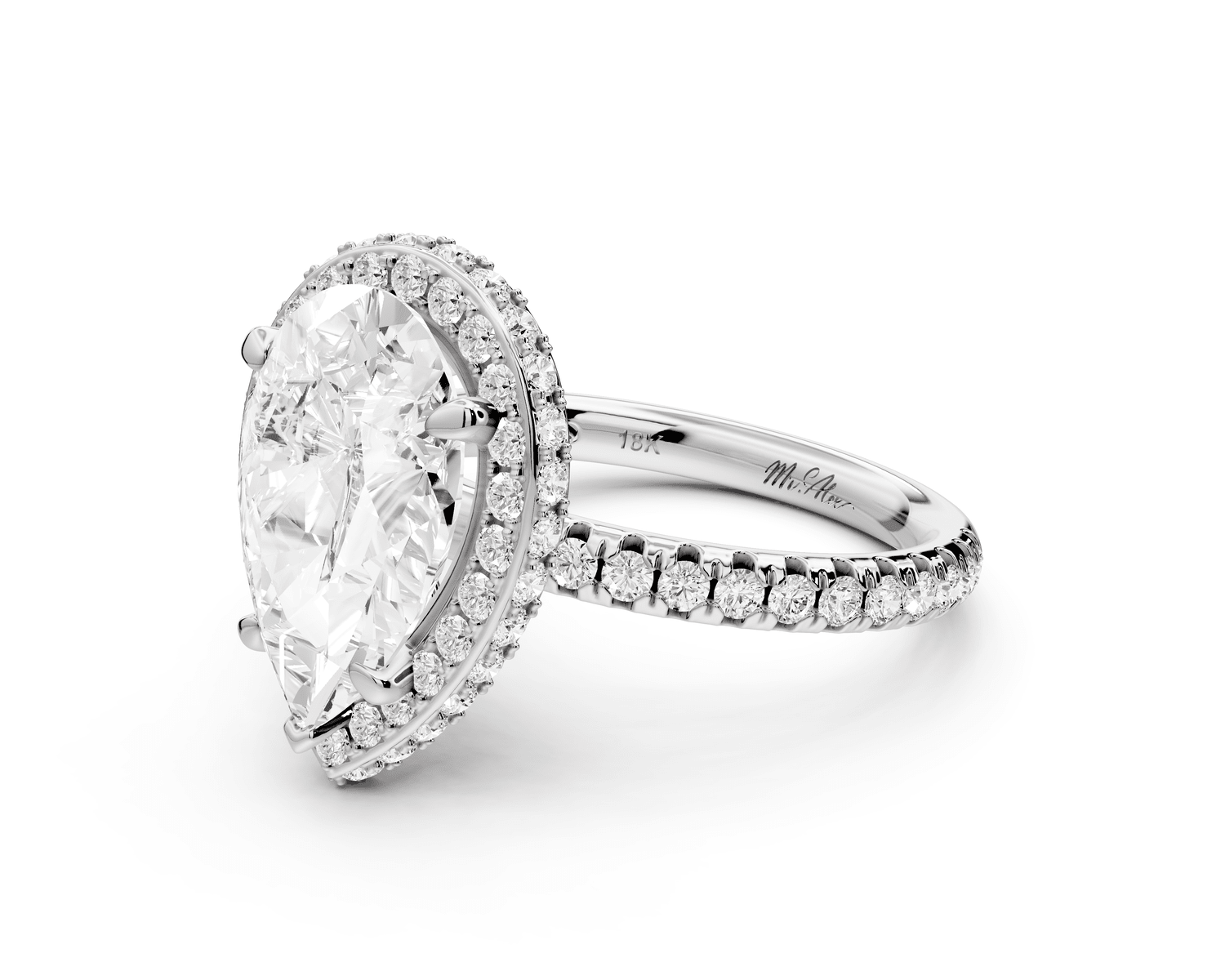 Amelie - 3ct platinum pear Diamond with Rollover Halo and Pavé Engagement Ring - Mr. Alex Jewelry