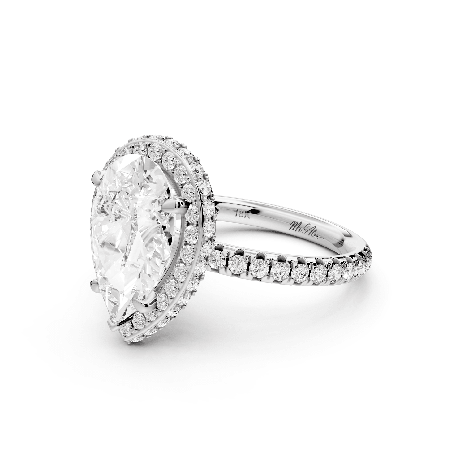 Amelie - 3ct platinum pear Diamond with Rollover Halo and Pavé Engagement Ring - Mr. Alex Jewelry