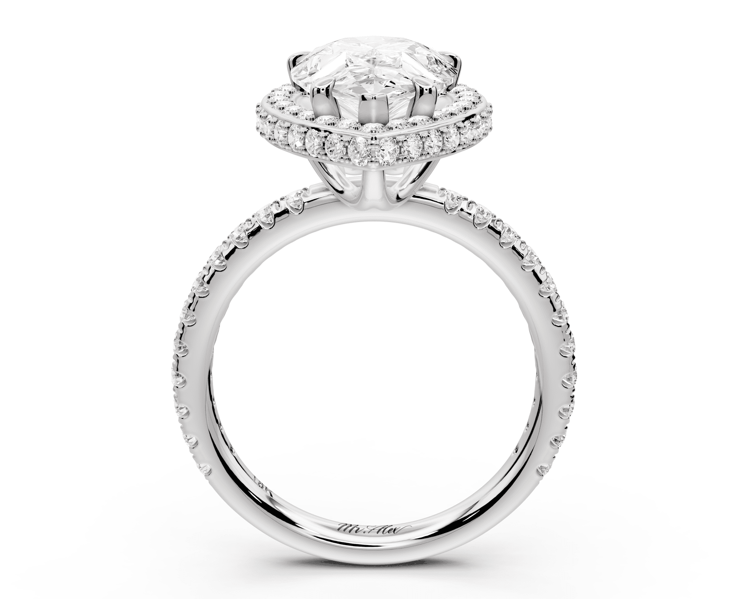 Amelie - 3ct platinum pear Diamond with Rollover Halo and Pavé Engagement Ring - Mr. Alex Jewelry