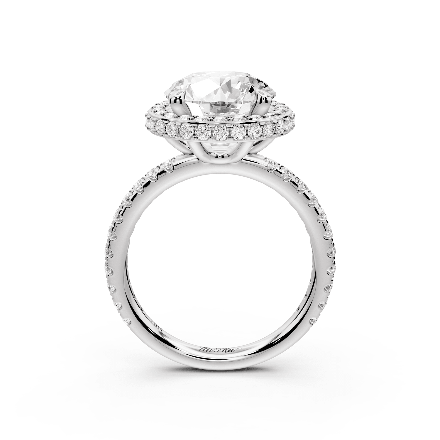 Amelie - 3ct platinum round Diamond with Rollover Halo and Pavé Engagment Ring - Mr. Alex Jewelry