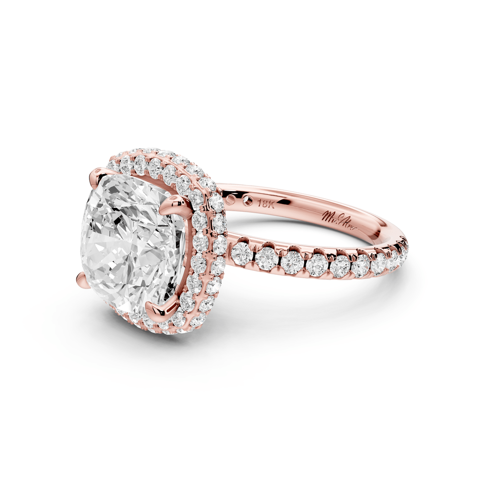 Amelie - 4ct 14k rose gold cushion Diamond with Rollover Halo and Pavé engagement Ring - Mr. Alex Jewelry