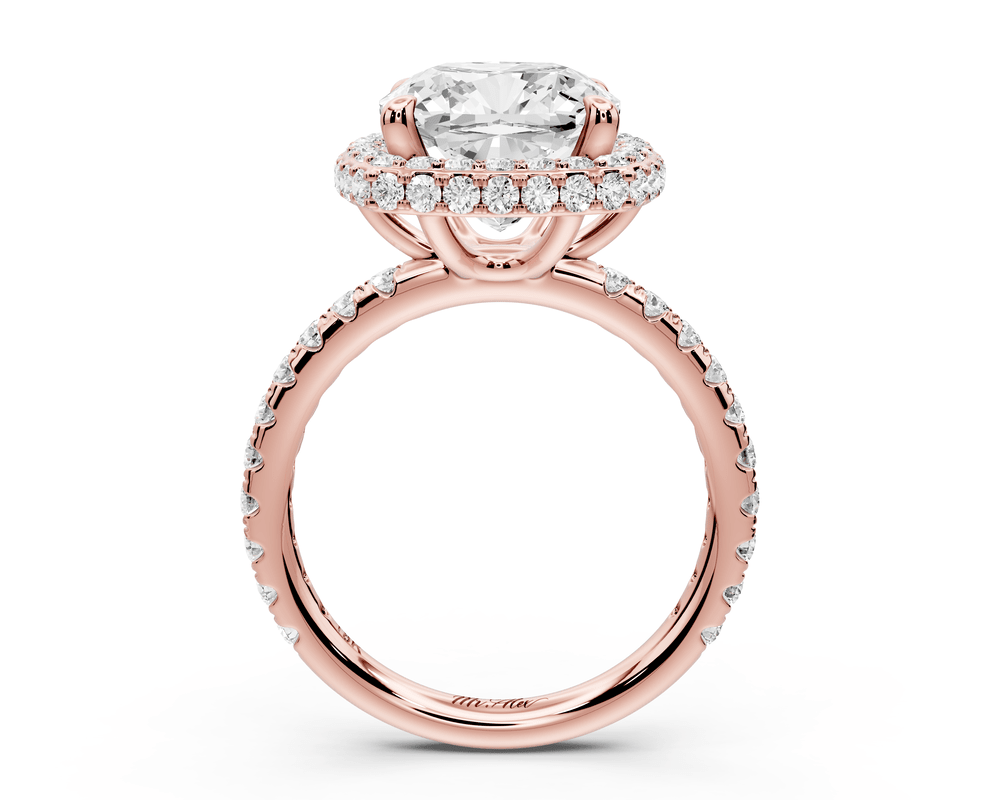 Amelie - 4ct 14k rose gold cushion Diamond with Rollover Halo and Pavé engagement Ring - Mr. Alex Jewelry