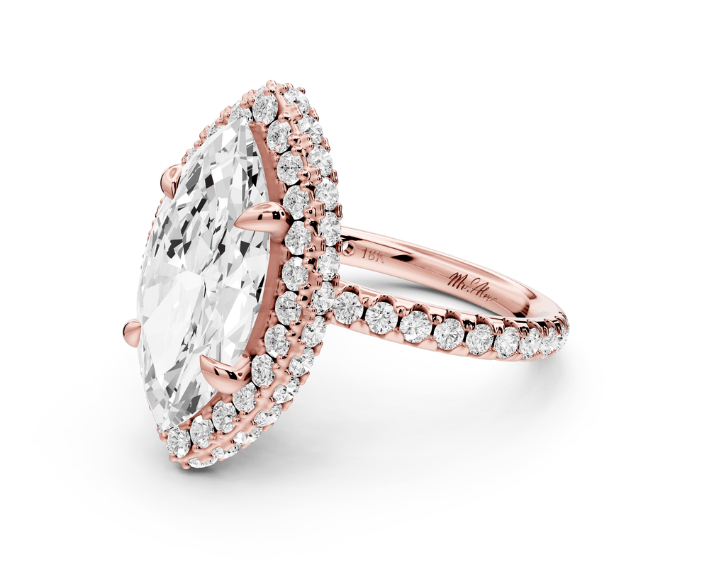 Amelie - 4ct 14k rose gold marquise Diamond with Rollover Halo and Pavé engagement Ring - Mr. Alex Jewelry