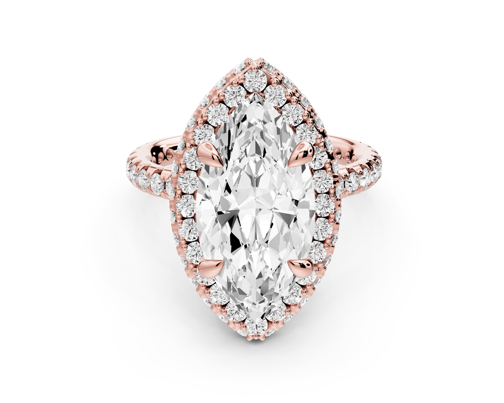 Amelie - 4ct 14k rose gold marquise Diamond with Rollover Halo and Pavé engagement Ring - Mr. Alex Jewelry