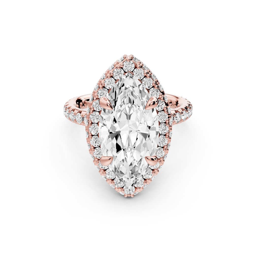 Amelie - 4ct 14k rose gold marquise Diamond with Rollover Halo and Pavé engagement Ring - Mr. Alex Jewelry