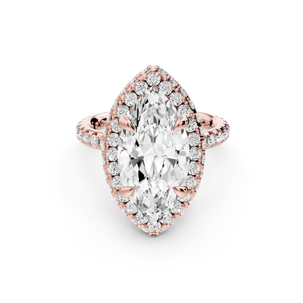 Amelie - 4ct 14k rose gold marquise Diamond with Rollover Halo and Pavé engagement Ring - Mr. Alex Jewelry