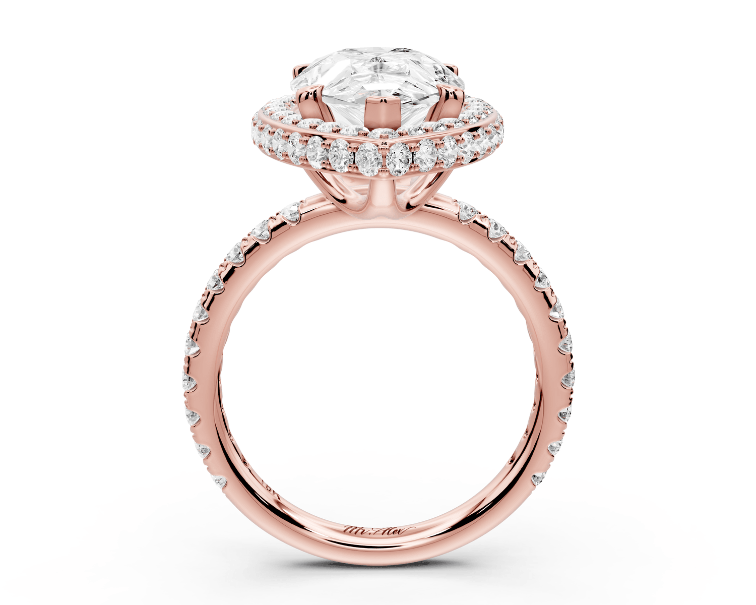Amelie - 4ct 14k rose gold pear Diamond with Rollover Halo and Pavé Engagement Ring - Mr. Alex Jewelry