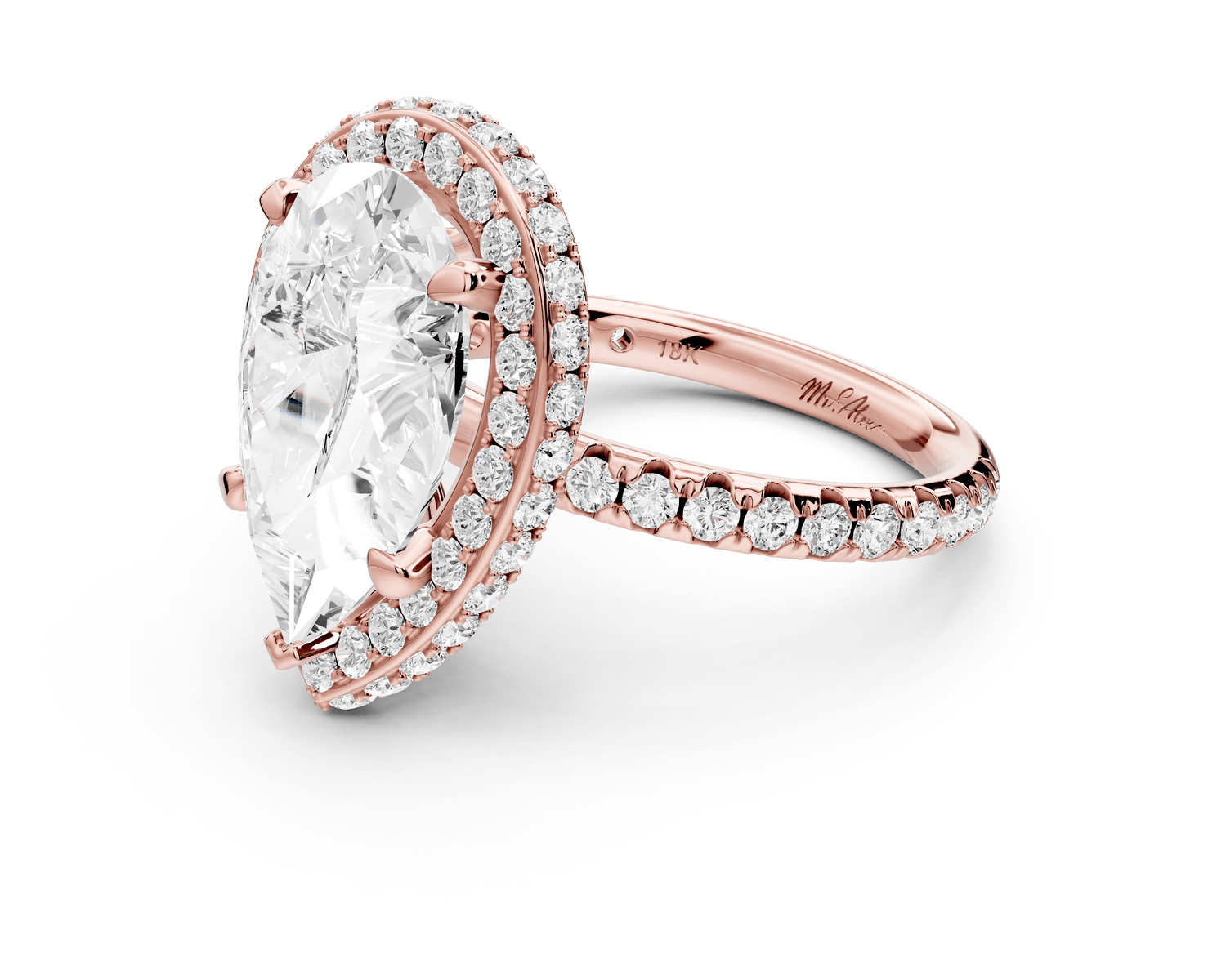 Amelie - 4ct 14k rose gold pear Diamond with Rollover Halo and Pavé Engagement Ring - Mr. Alex Jewelry