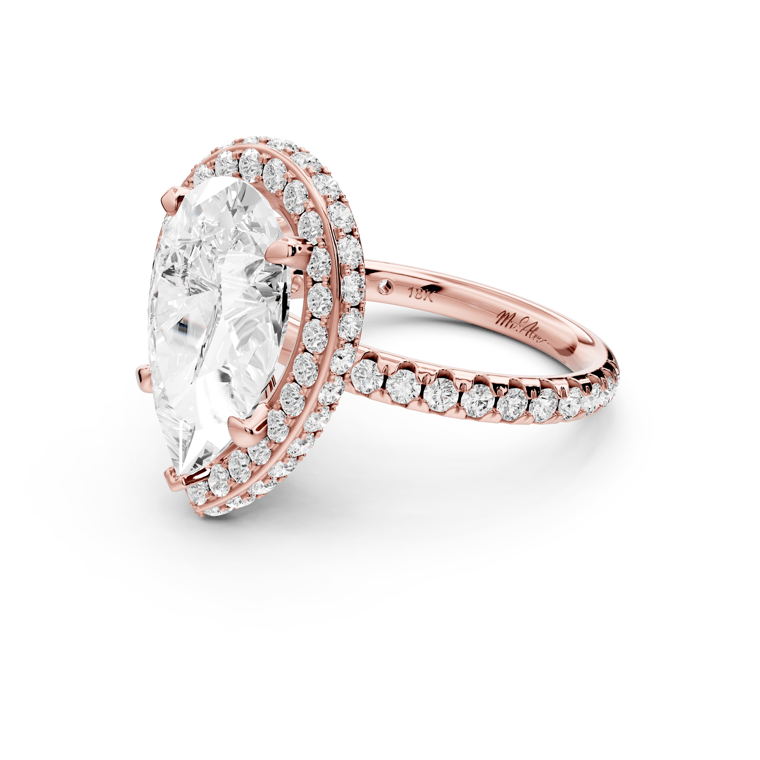 Amelie - 4ct 14k rose gold pear Diamond with Rollover Halo and Pavé Engagement Ring - Mr. Alex Jewelry
