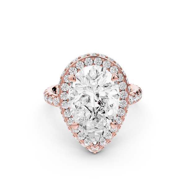 Amelie - 4ct 14k rose gold pear Diamond with Rollover Halo and Pavé Engagement Ring - Mr. Alex Jewelry