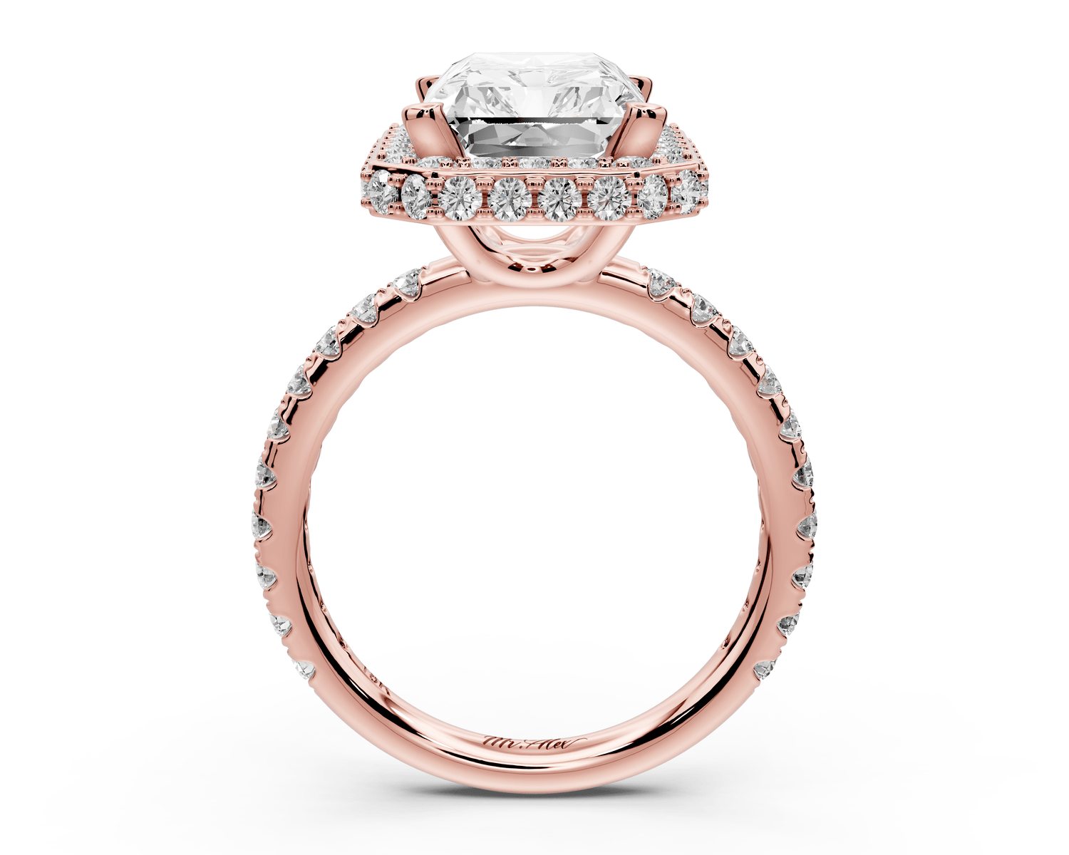 Amelie - 4ct 14k rose gold radiant Diamond with Rollover Halo and Pavé engagement Ring - Mr. Alex Jewelry