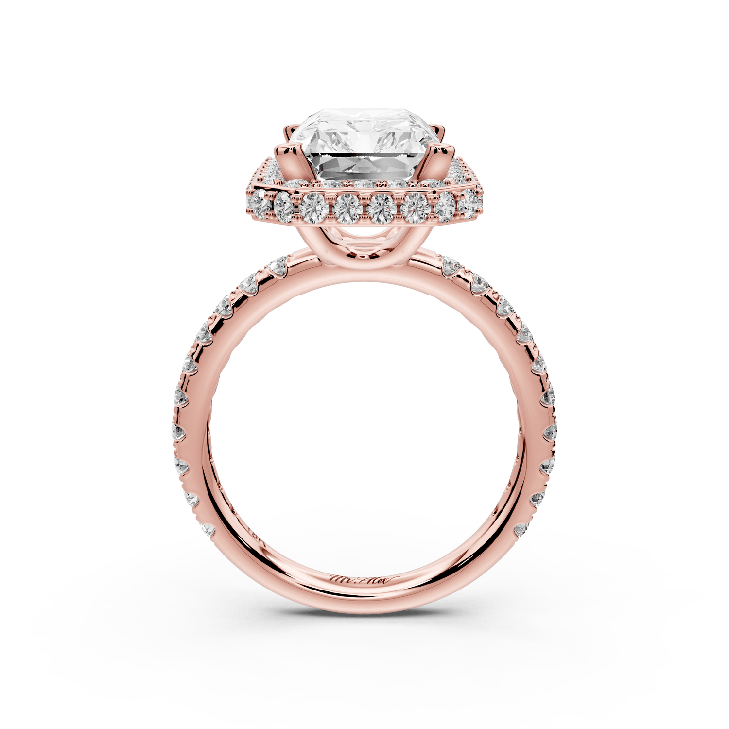 Amelie - 4ct 14k rose gold radiant Diamond with Rollover Halo and Pavé engagement Ring - Mr. Alex Jewelry