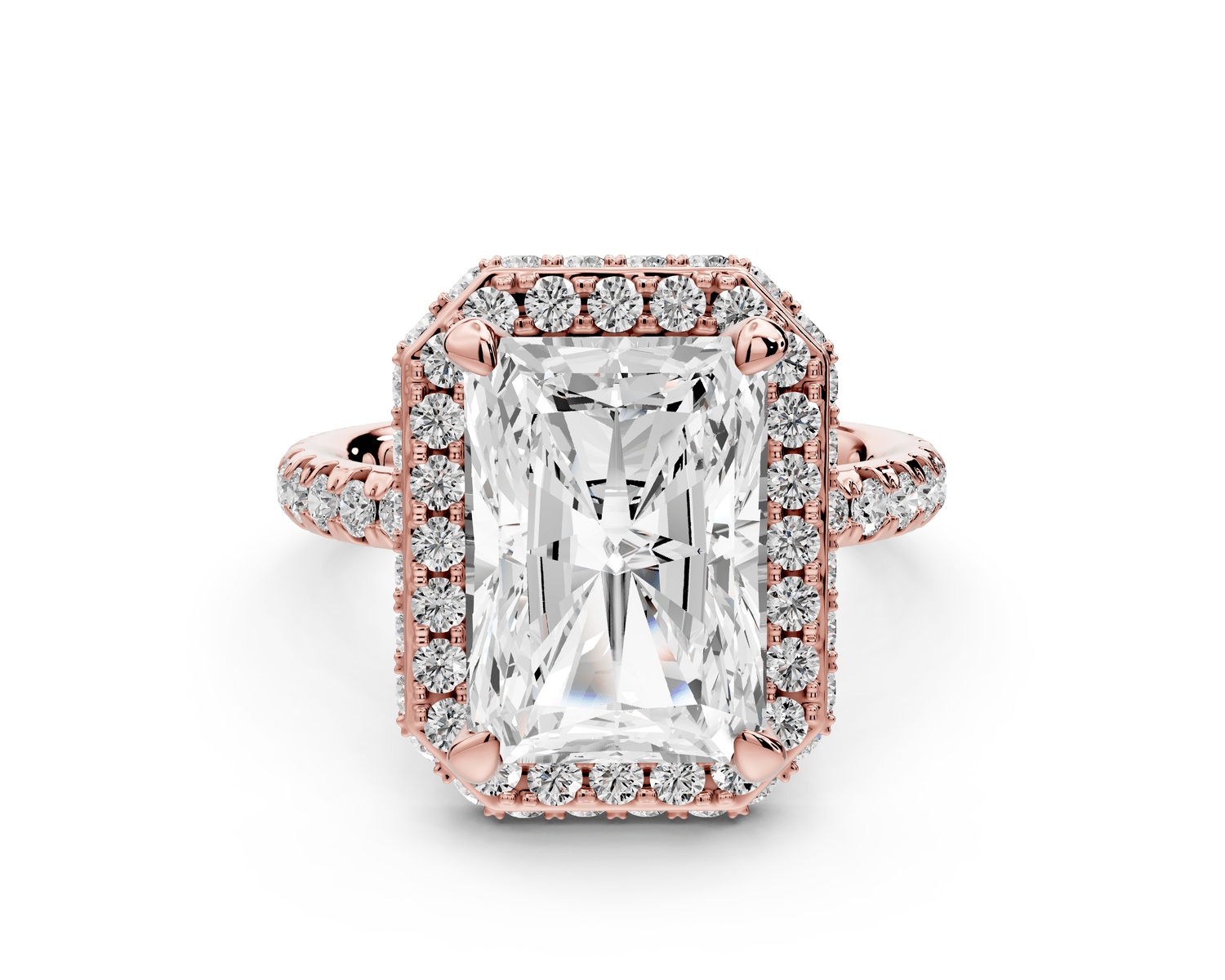 Amelie - 4ct 14k rose gold radiant Diamond with Rollover Halo and Pavé engagement Ring - Mr. Alex Jewelry