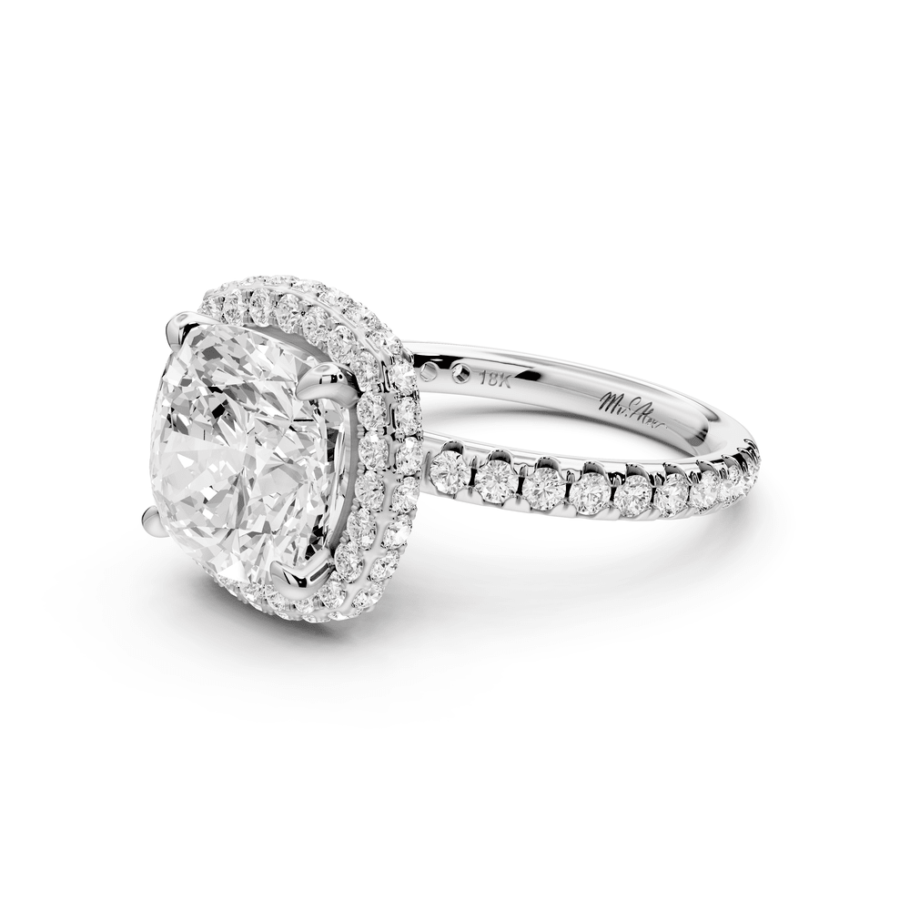 Amelie - 4ct 14k white gold cushion Diamond with Rollover Halo and Pavé engagement Ring - Mr. Alex Jewelry