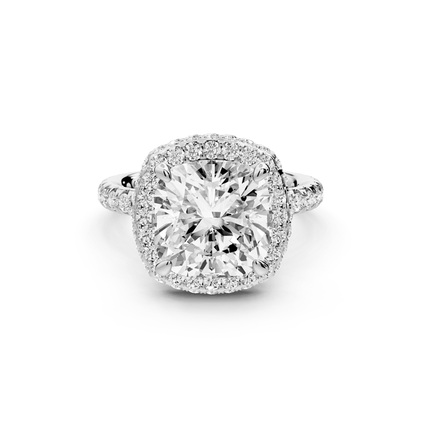 Amelie - 4ct 14k white gold cushion Diamond with Rollover Halo and Pavé engagement Ring - Mr. Alex Jewelry